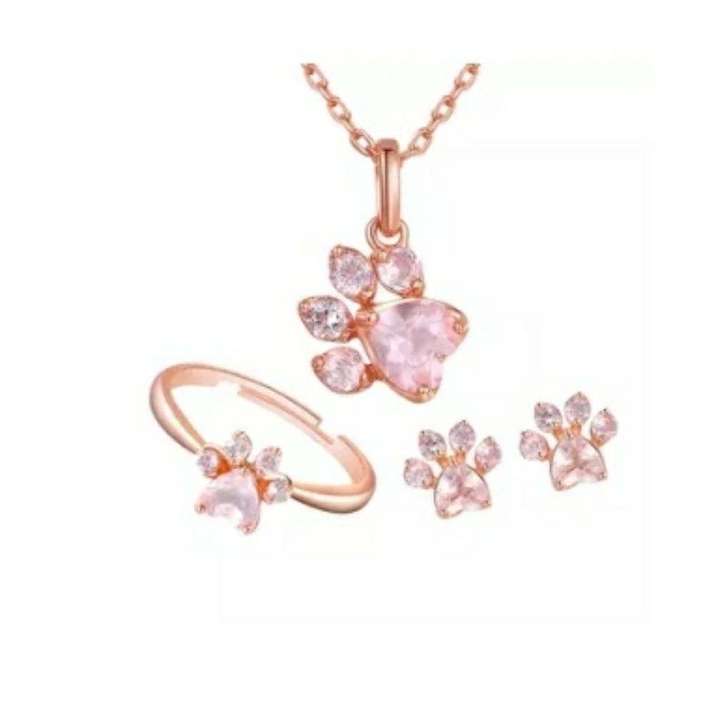 Rose Gold Dog Paw Set Necklace Ring Earrings - Picture 1 of 9